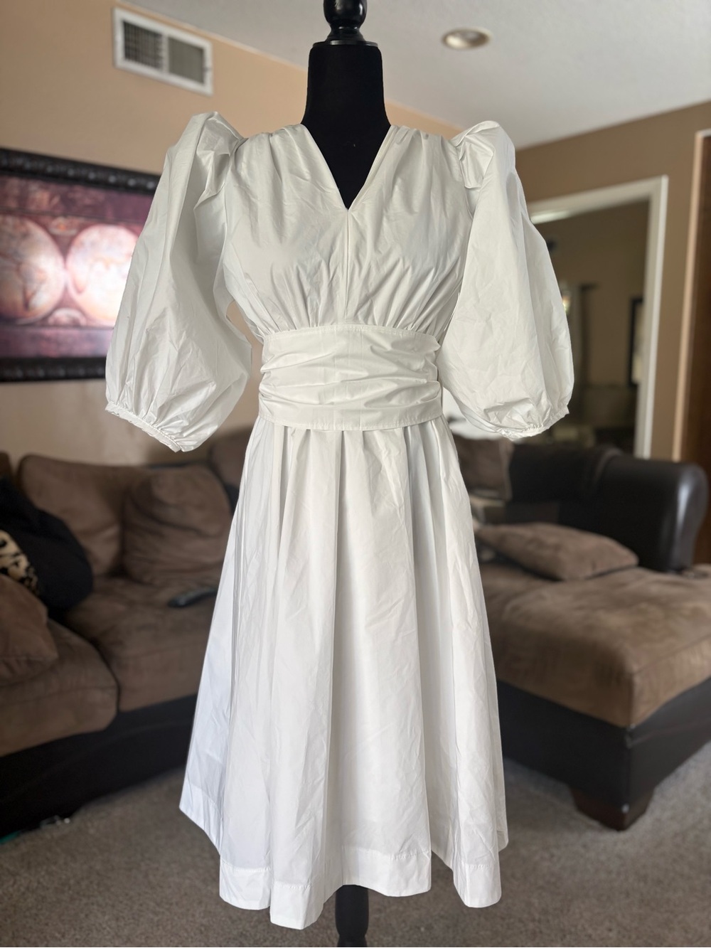 Sandy Snidel White Puff-Sleeve V-Neck Midi Dress Size 0